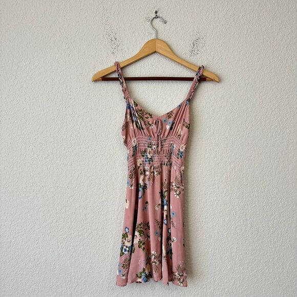 REFORMATION Elyse Floral Mini Dress Smocked Waist in Blush Pink